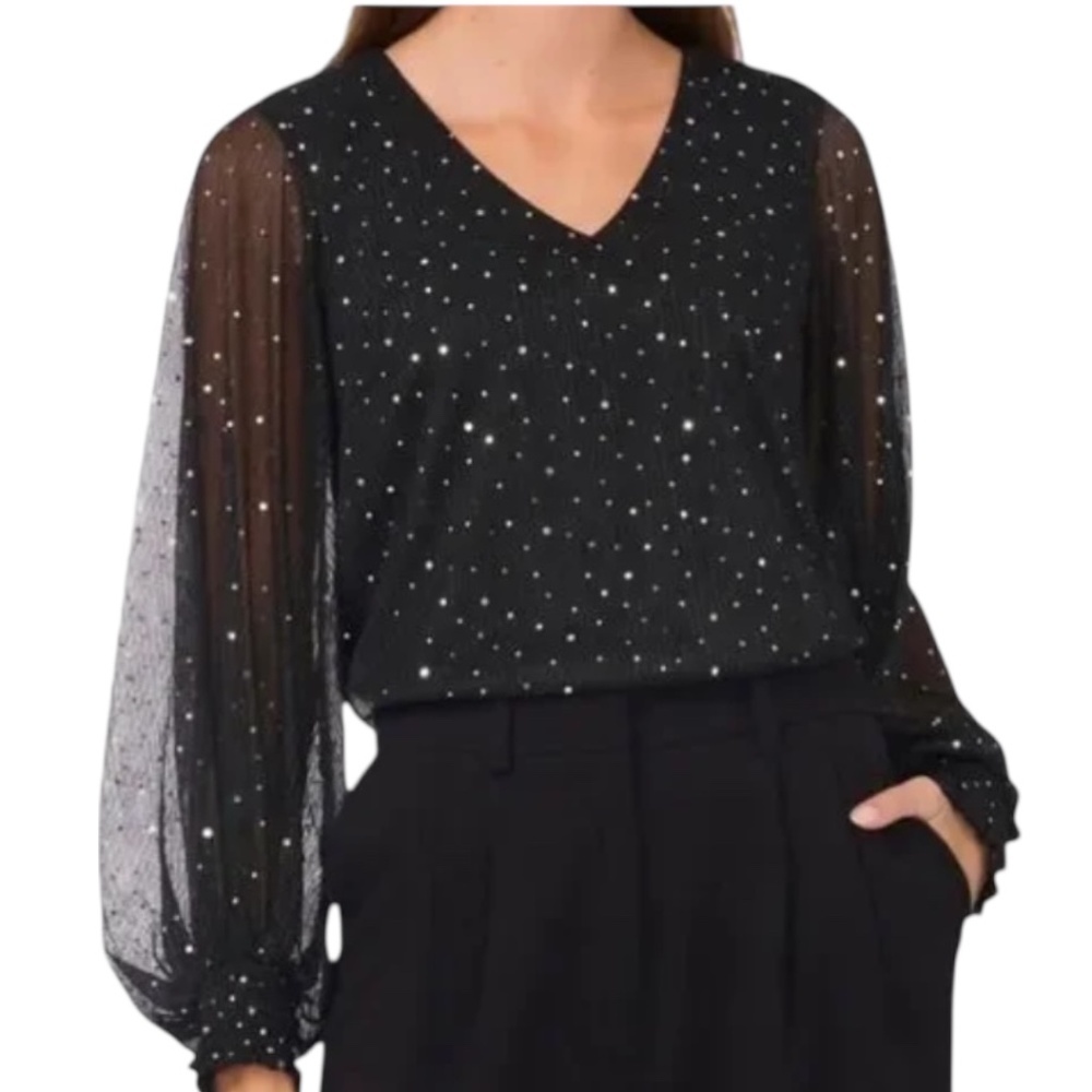 HALOGEN Sequin V-Neck Top Black XS Sheer Sleeve Blouse Party Evening